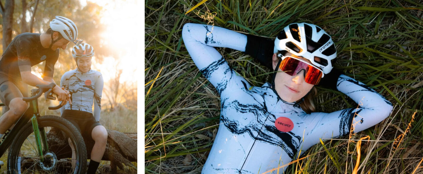Woman and Man cyclist wearing theSociety Mens Omni Off-Road kit