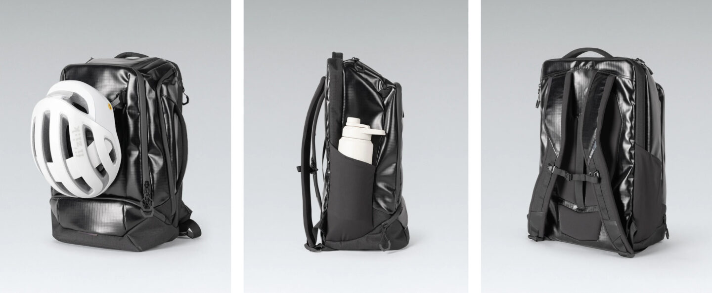 Gobik Stow Bag Pack with helmet, on side and back